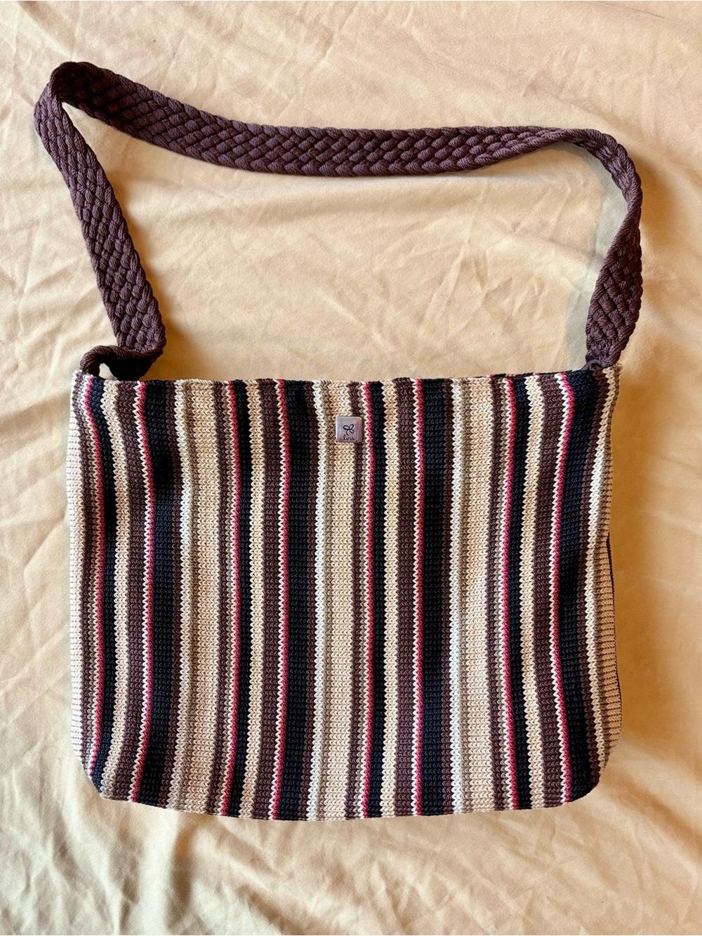Woven Stripe Shoulder Bag in Cream, Black & Pink